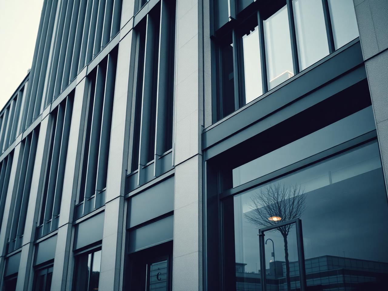 Fachada de edifício institucional em tons sóbrios